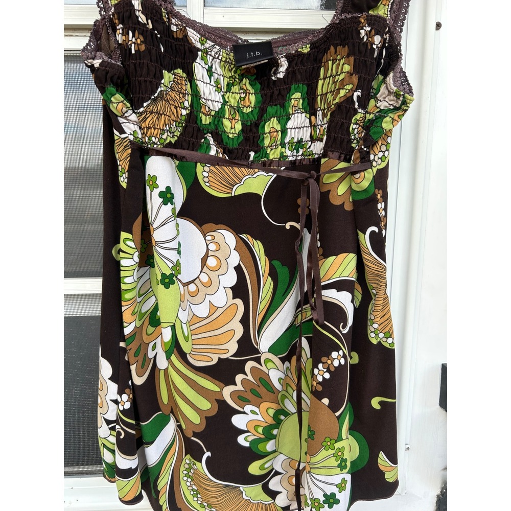 Y2k Brown Green Floral Psychedelic Smocked Babydoll Square Neck Top Retro Boho - Picture 8 of 10